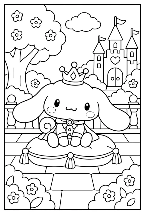 Cinnamoroll as a prince with a crown on a cushion coloring page