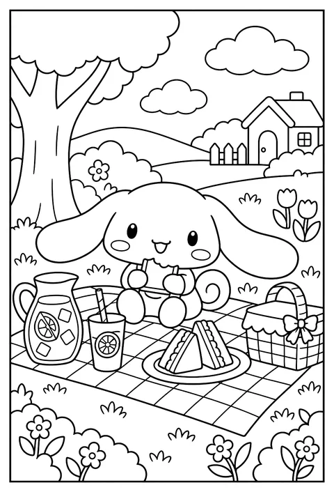 Cinnamoroll at a picnic with sandwiches and lemonade coloring page