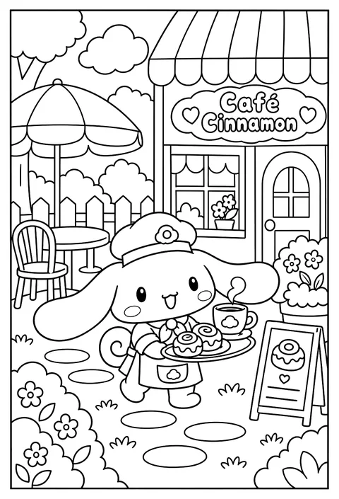Cinnamoroll at Café Cinnamon with a tray of cinnamon rolls and a coffee cup coloring page