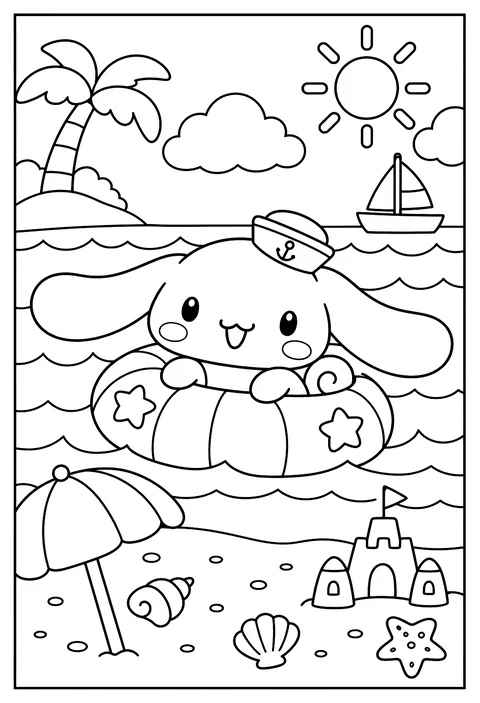 Cinnamoroll at the beach on an inflatable ring coloring page