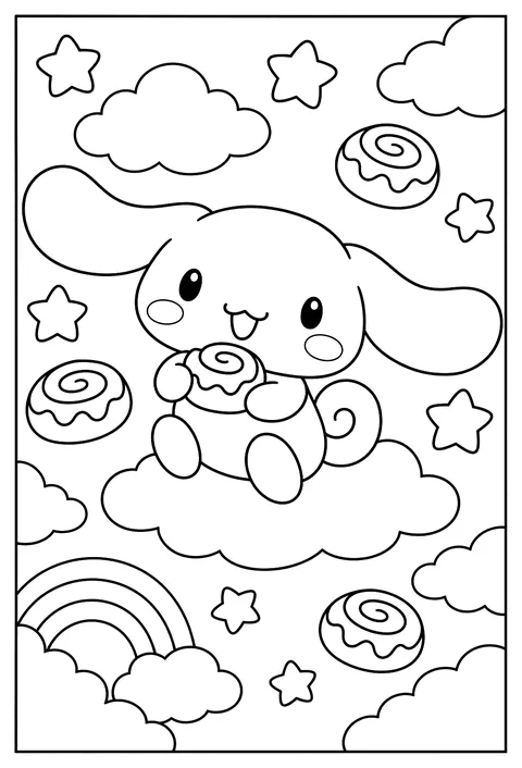 A big Cinnamoroll face surrounded by a pattern of clouds, stars and cinnamon rolls coloring page