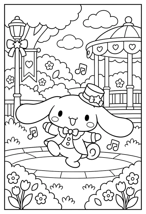 Cinnamoroll dancing with musical notes around him coloring page
