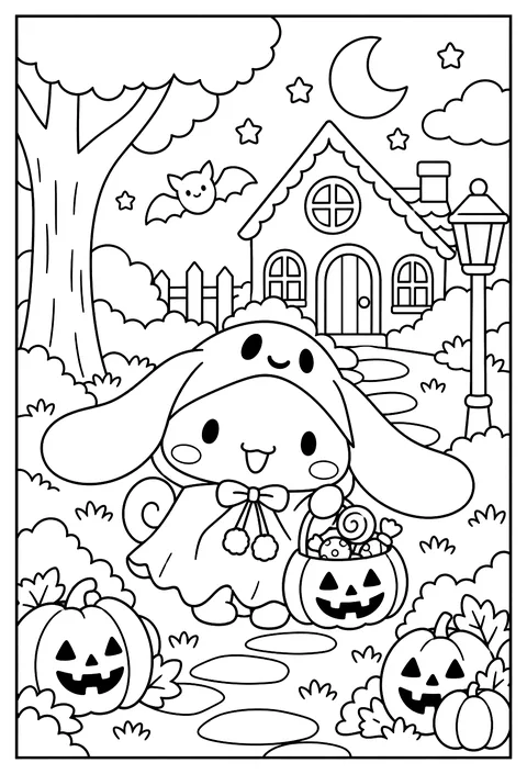 Cinnamoroll dressed as a ghost for Halloween with a candy bag coloring page