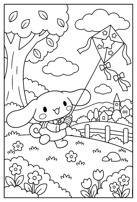 Cinnamoroll flying a kite on a hill coloring page