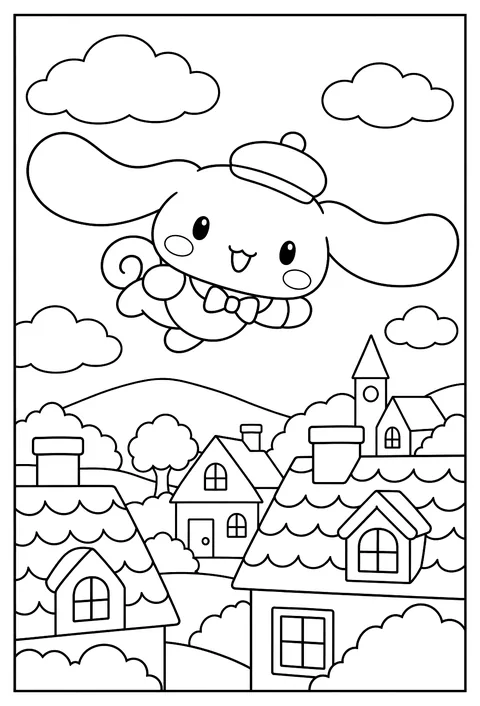 Cinnamoroll flying with his big ears over a town of rooftops and chimneys coloring page
