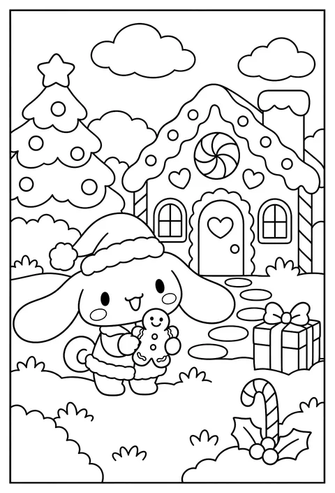 Cinnamoroll in a Christmas hat next to a gingerbread house coloring page