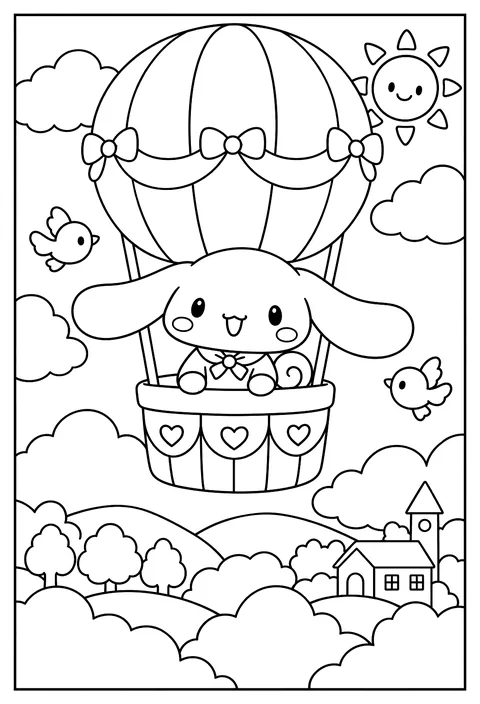 Cinnamoroll in a hot air balloon over clouds coloring page