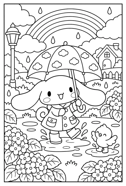Cinnamoroll in a rain coat under a rainbow coloring page