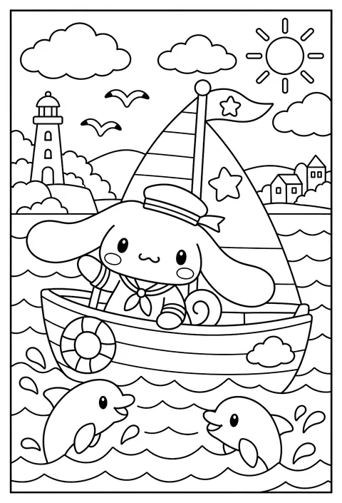 Cinnamoroll in a sailor suit on a small boat coloring page