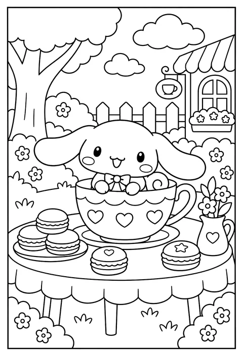 Cinnamoroll in a teacup surrounded by macarons coloring page