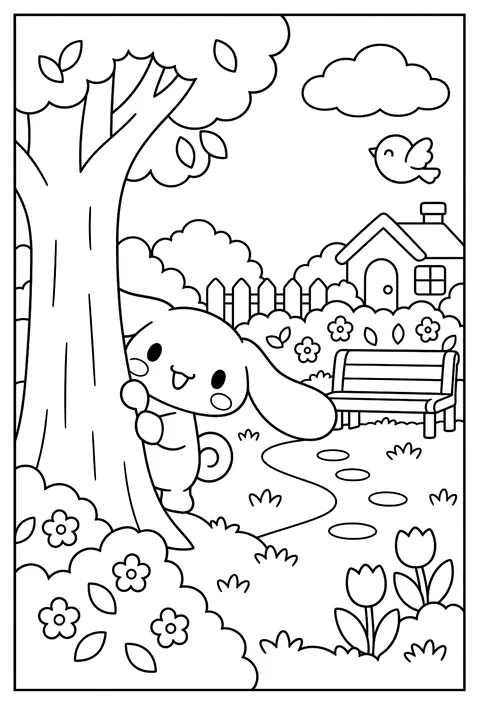 Cinnamoroll playing hide and seek behind a tree coloring page