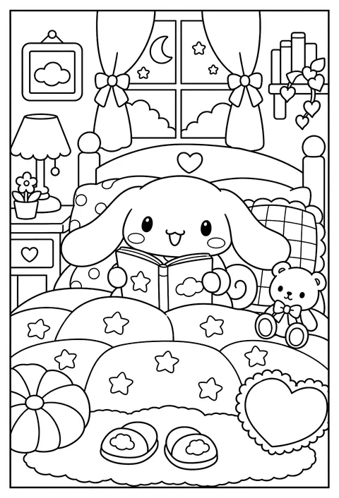 Cinnamoroll reading a book in a bed with pillows coloring page