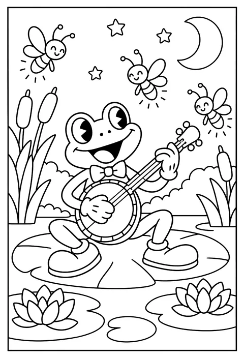 A 1920s rubber-hose style cartoon frog in a bow tie playing a banjo on a lily pad, pie-cut eyes, white gloves, big shoes, fireflies dancing coloring page
