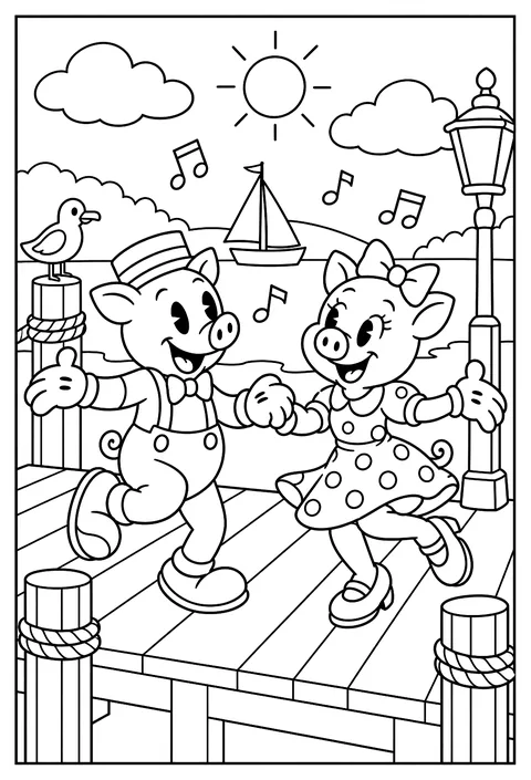 A 1920s rubber-hose style cartoon pig couple dancing on a dock, pie-cut eyes, gloves, big shoes, musical notes in the air coloring page