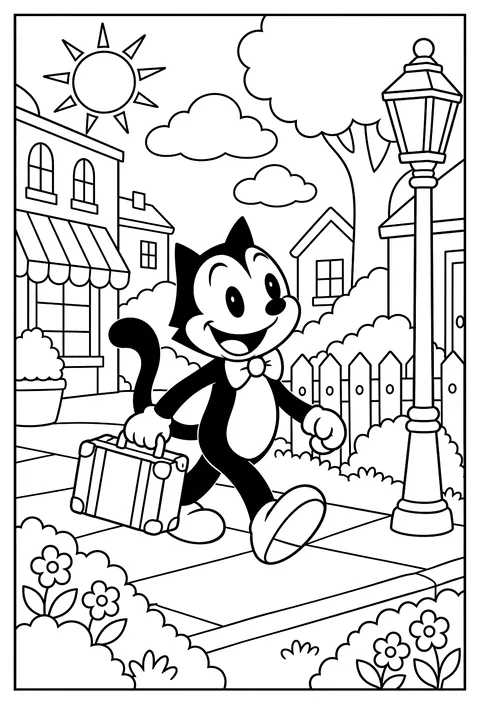 A 1920s style black cat cartoon character with a big grin and round eyes walking with a swinging tail, Felix era coloring page