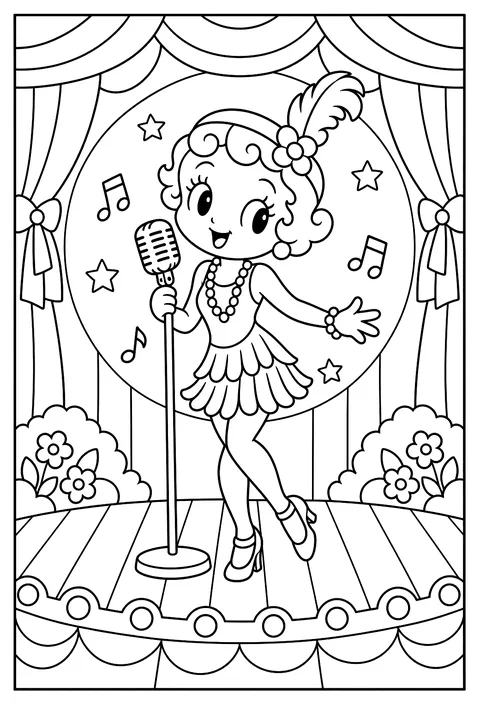 A 1930s style rubber-hose flapper cartoon girl with a big head, curls and a short dress singing on a stage with a microphone coloring page