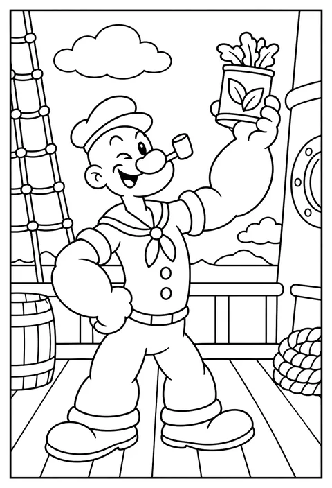 A 1930s style rubber-hose sailor with huge forearms, a pipe and a can of spinach, on a ship deck coloring page