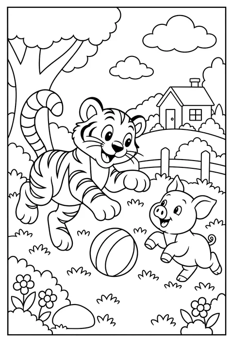 A bouncing striped tiger and a small piglet from a classic 1920s storybook, ink illustration style coloring page