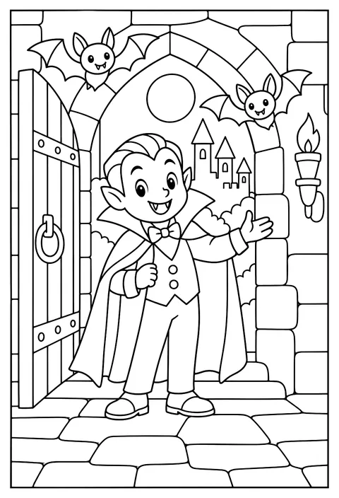 A caped count with a high collar in a castle doorway with bats, classic 1897 novel style, silly not scary coloring page