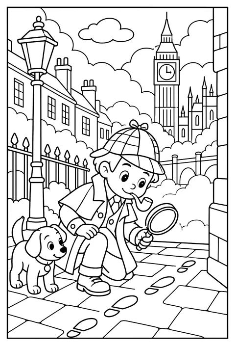 A detective in a deerstalker hat with a pipe and a magnifying glass on a foggy London street coloring page