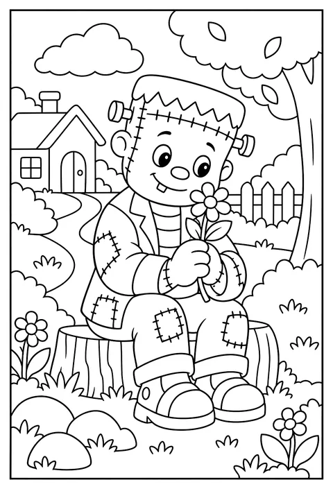 A gentle monster made of stitched parts holding a flower, classic 1931 film silhouette style, friendly coloring page