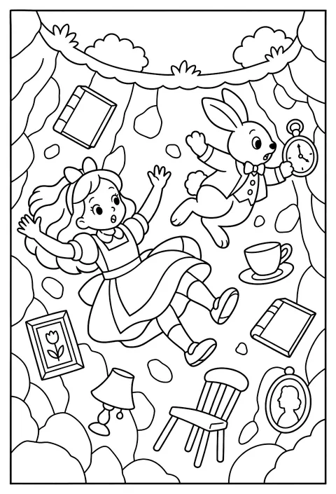 A girl in a pinafore dress falling down a rabbit hole with a pocket-watch rabbit, classic Victorian illustration style coloring page