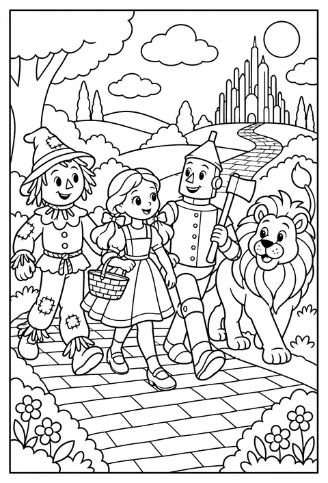 A girl in silver shoes walking a yellow brick road with a scarecrow, a tin man and a lion, classic 1900 storybook style coloring page