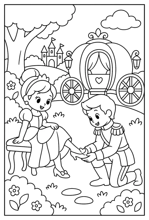 A girl trying on a glass slipper in a pumpkin carriage scene coloring page