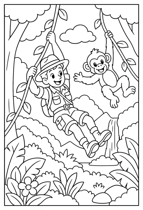 A man swinging on a jungle vine with an ape friend, classic 1912 adventure book style coloring page