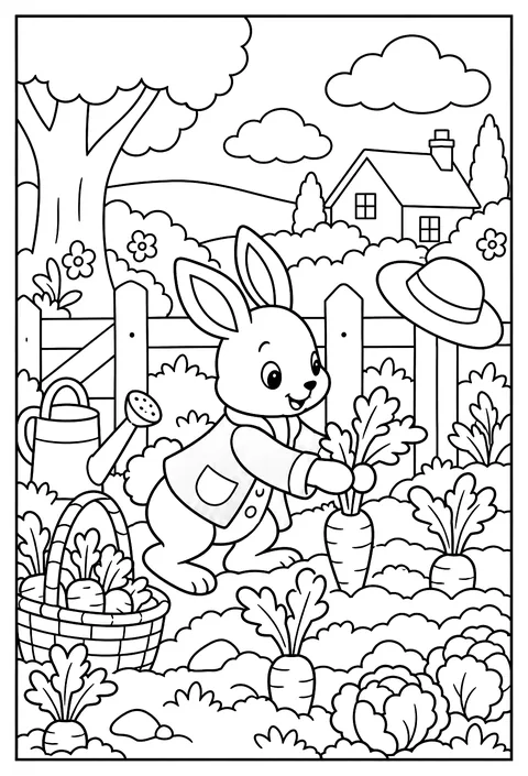 A rabbit in a blue jacket stealing carrots from a garden with a farmer's hat visible, classic 1900s watercolor-book style coloring page