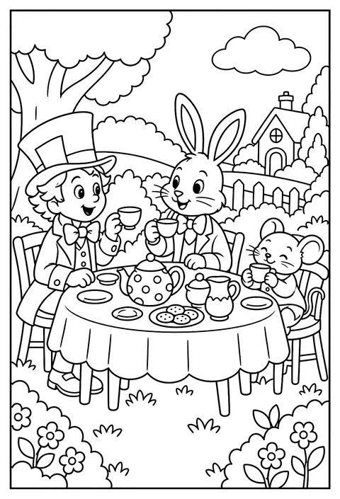 A tea party with a hatter, a hare and a dormouse, classic Victorian storybook style coloring page