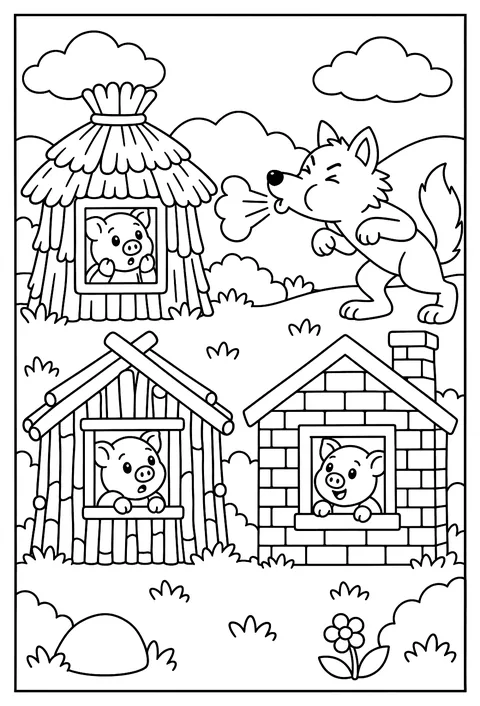Three little pigs in three houses of straw, sticks and bricks with a wolf puffing coloring page