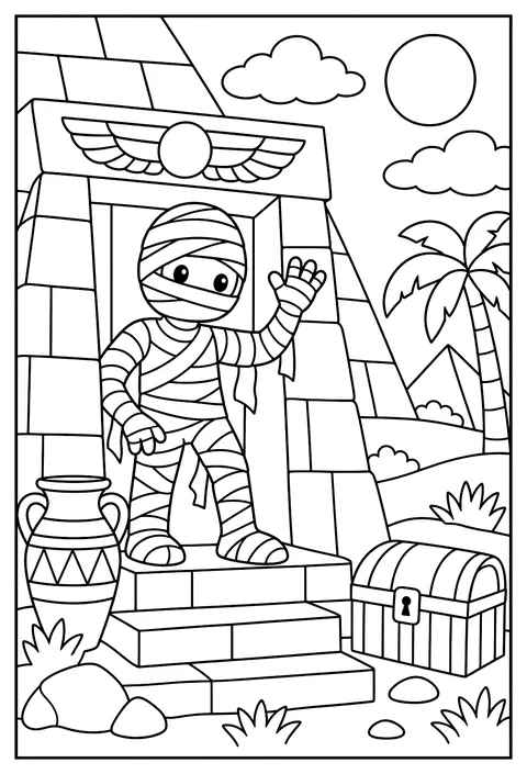 A wrapped mummy waving from a pyramid doorway, classic monster movie poster style coloring page