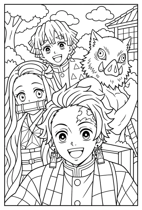 A close-up portrait of Tanjiro's face with his checkered haori and hanafuda earrings coloring page