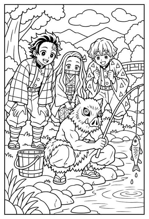 Inosuke fishing at a riverbank with a fishing rod and a bucket coloring page