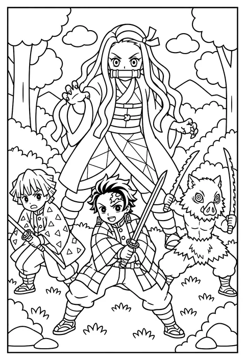 Nezuko grown to giant size standing tall in a fighting stance in a forest clearing coloring page