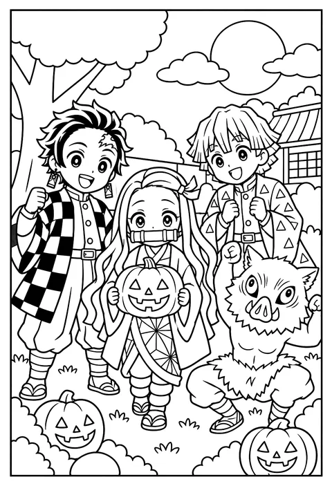 Nezuko holding a glowing pumpkin lantern for Halloween coloring page