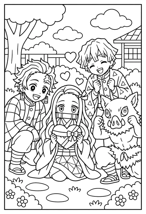 Nezuko holding a heart-shaped box for Valentine's Day coloring page