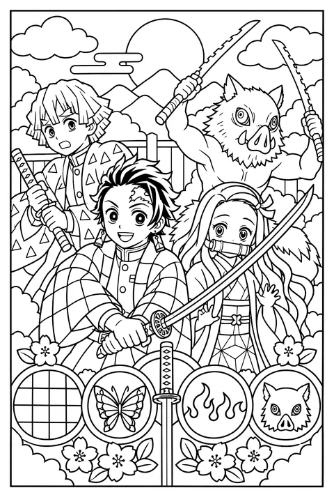 A pattern page of checkered, butterfly and flame haori patterns, katana and boar masks around a demon-slaying sword coloring page