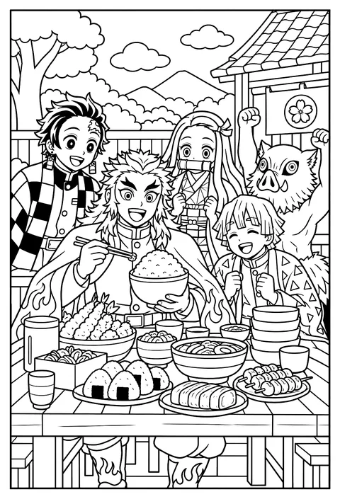 Rengoku the Flame Hashira eating a huge meal at a table piled with food coloring page