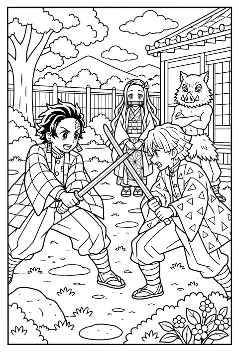Tanjiro and Zenitsu sparring with wooden practice swords in a courtyard coloring page