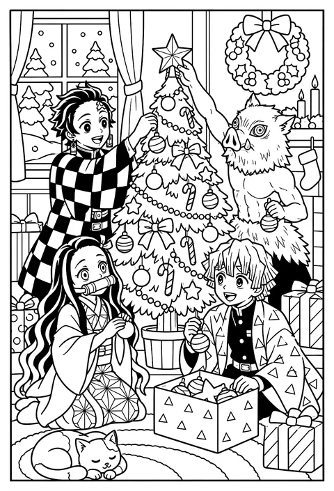 Tanjiro decorating a small Christmas tree in his kimono with ornaments coloring page