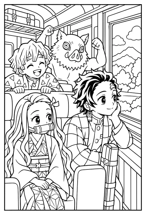 Tanjiro looking out a train window with his sword case beside him coloring page
