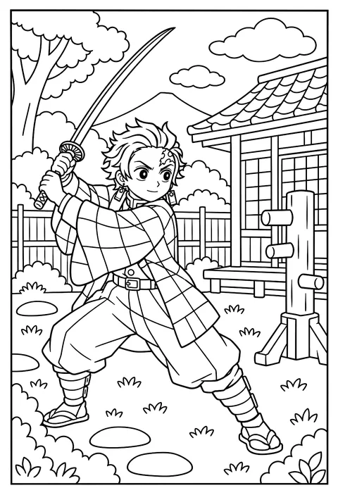 Tanjiro practicing sword swings alone in a quiet dojo yard coloring page
