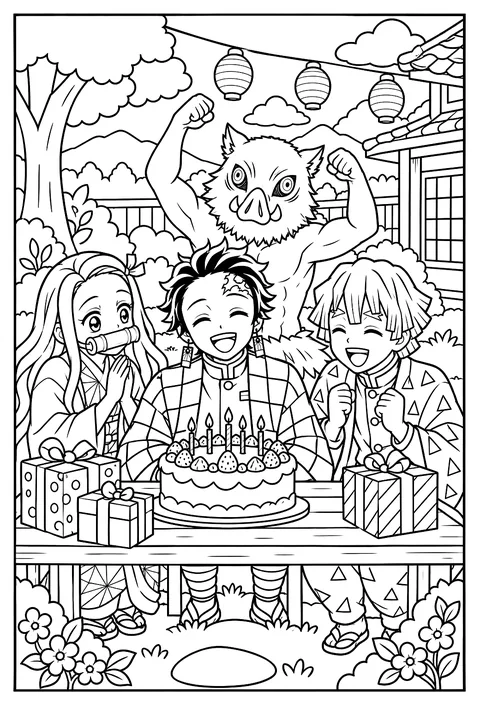 Tanjiro's birthday party with a round cake, candles and his friends gathered around coloring page