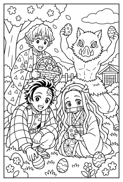 Zenitsu holding a basket of decorated Easter eggs coloring page