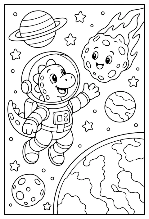 A dinosaur astronaut floating in space next to a meteor with a friendly face coloring page