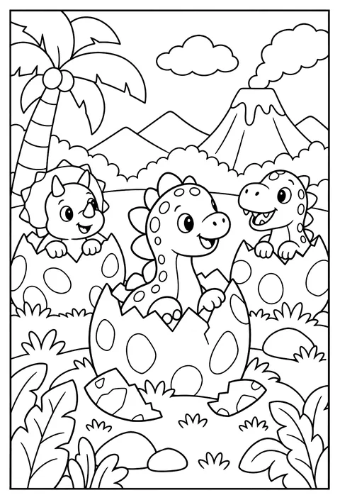 A baby dinosaur hatching while its siblings peek out of cracked eggs around it coloring page