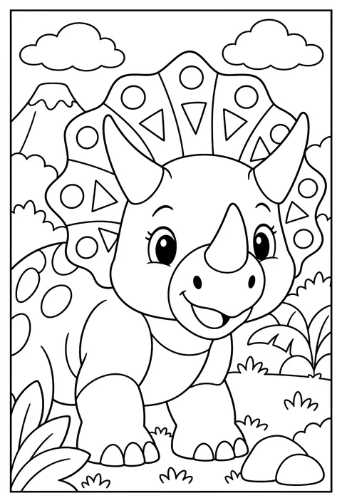Close-up portrait of a triceratops with its frill decorated in patterns to color coloring page