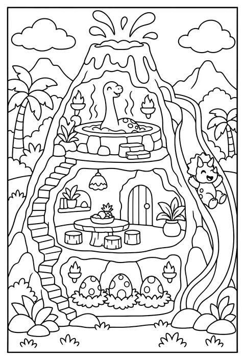 Cutaway of a dinosaur volcano home coloring page